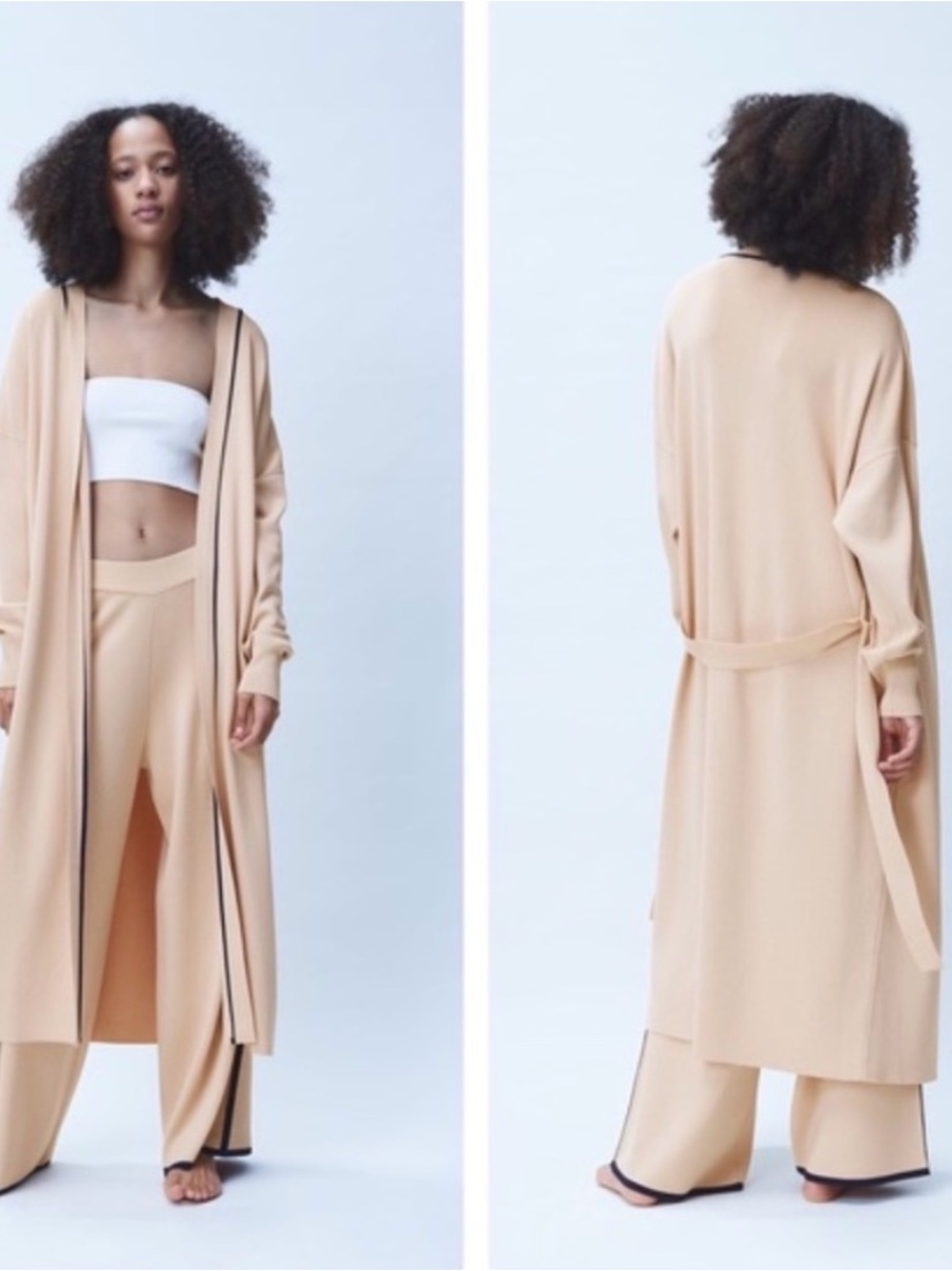 Zara Beige Long Duster Contrast Navy Trim